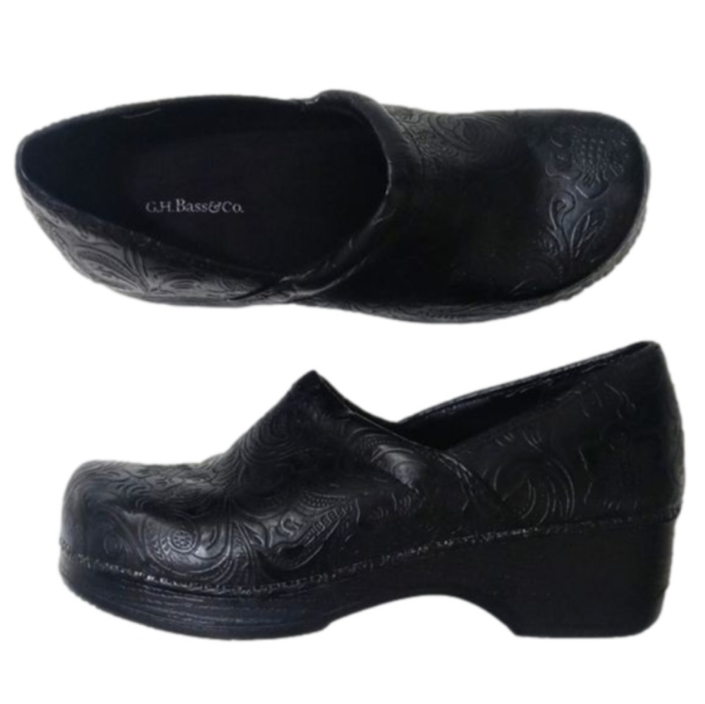 G.H. Bass & Co. Melinda I Black Tooled Slip On Wedge Clogs 8 M